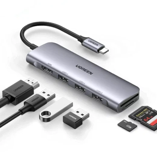 محول يو جرين 6 في 1 بمنفذ USB-C، منفذ HDMI بدقة 4K 60 هرتز، USB 3.0، قارئ بطاقات SD/TF لأجهزة MacBook Pro Air و iPhone 15 Pro - يوجرين - Image 7